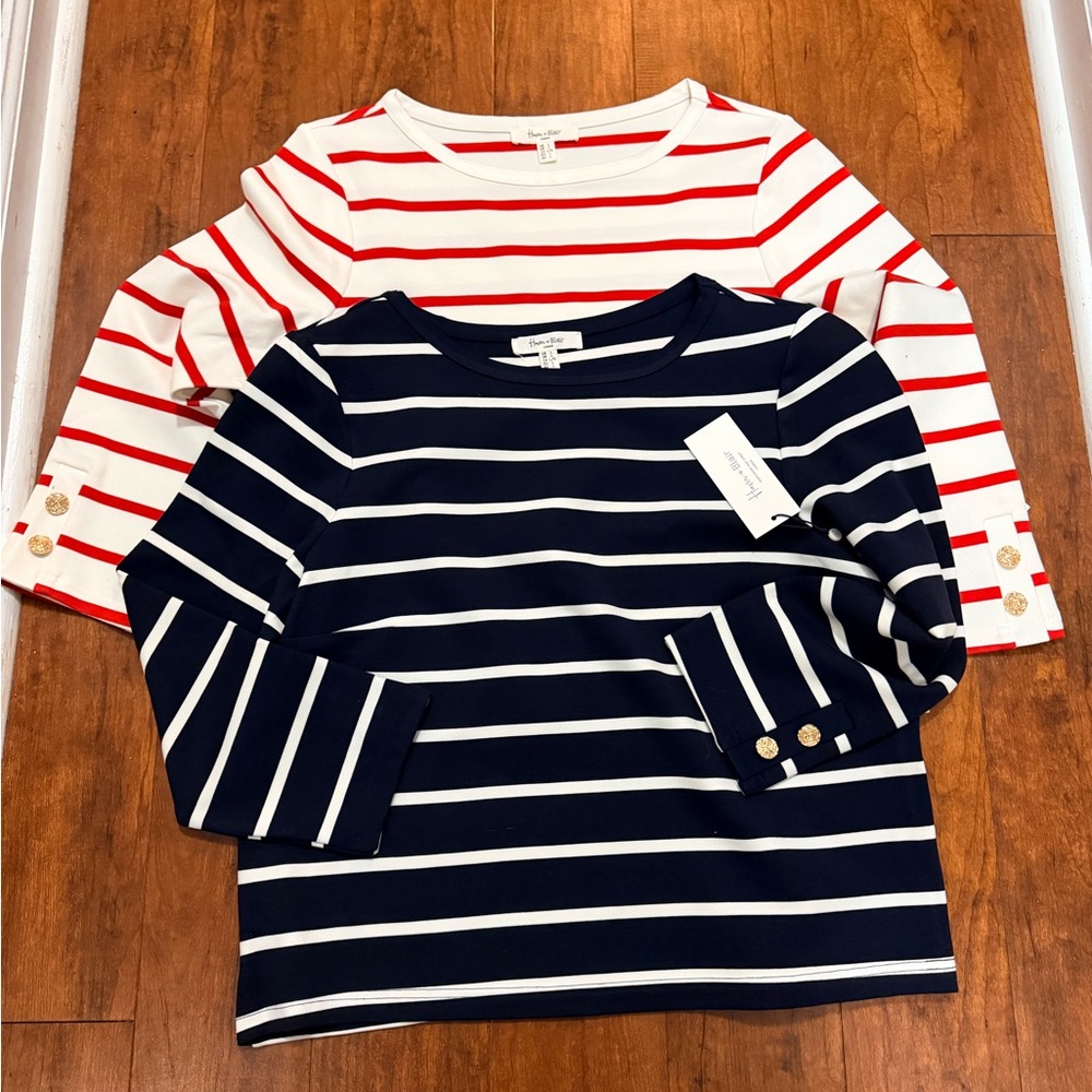 Haver + Blair (set of 2) Navy and cream & White and red Striped Tops
